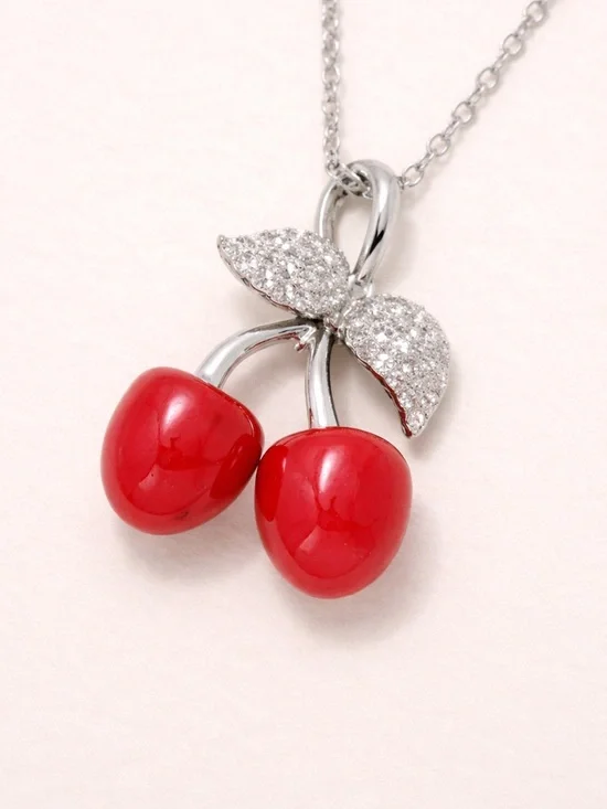 Cherry Pendant Necklace Red Austrian Crystal Rhinestone Silvertone 29” Coquette - Picture 3 of 8